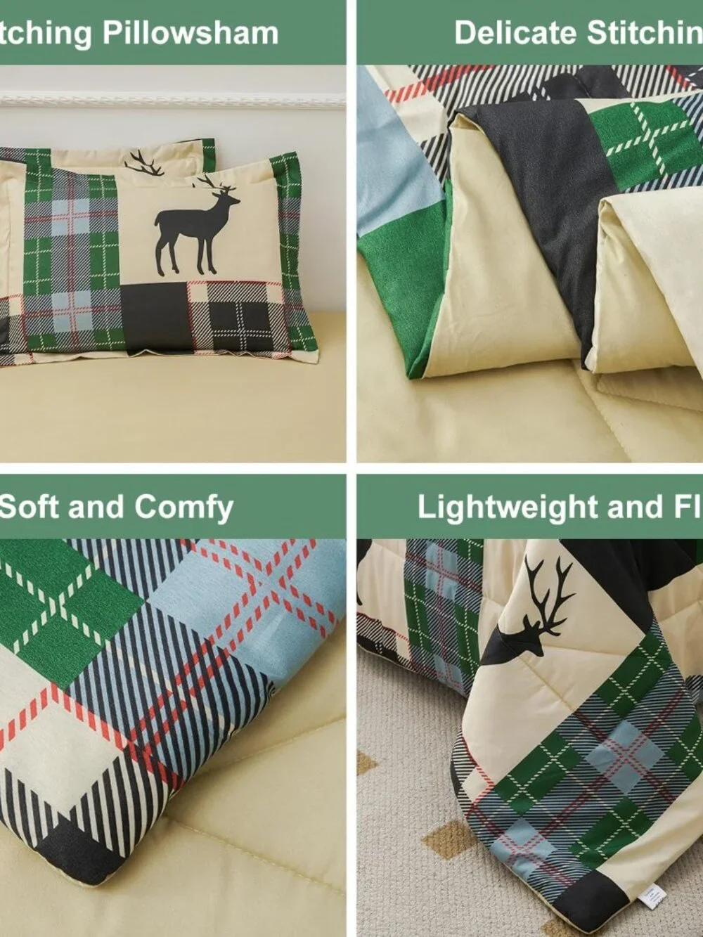 Rustic Green Plaid Patchwork 7-Pc Comforter Set | Queen King Bed In A Bag